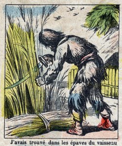 Illustration pour le livre de Daniel Defoe « Robinson Crusoé ». Imagerie d