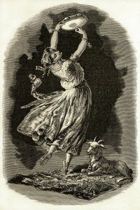 Illustration pour "Notre-Dame de Paris" de Victor Hugo: Esmeralda danse en jouant du tambourin à côté de sa chèvre, début du XXe siècle (lithographie)