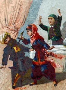 Illustration pour les Contes des Mille et Une Nuits. Le capitaine se déguise à nouveau et retourne chez Ali Baba, mais Morgiane le reconnaît et le poignarde pendant une danse. Chromolithographie vers 1890