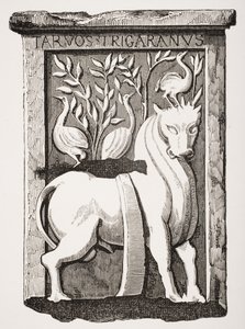 Image du Saint Bœuf monument celtique trouvé sous le chœur de la cathédrale Notre-Dame de Paris en 1711, de Le Moyen Age et La Renaissance par Paul Lacroix (1806-84) publié en 1847 - French School