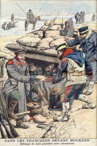 Dans les tranchées devant Moukden, Guerre russo-japonaise. Troupes japonaises et russes échangeant nourriture et boisson. Illustration pour Le Petit Journal, 22 janvier 1905