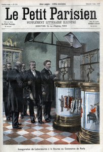 Inauguration des laboratoires à la Bourse de commerce : M. Masson, président de la Chambre de commerce de Paris, présente à Millerand, ministre du Commerce, les nouveaux locaux pour la condition des soies et laines et le laboratoire d