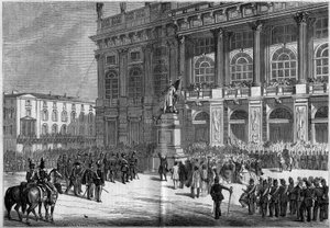 Inauguration du monument sarde par Vincenzo Vela (1820-1891), sur la place du Château à Turin (Italie) le 10 avril 1859. Derrière la statue se trouve le « Palazzo Madama ». Basé sur les croquis de M. Ferry. Gravure dans « Le Monde Illustré » n°106 du 23 av