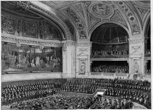 Inauguration de la nouvelle Sorbonne en 1889 : le grand amphithéâtre pendant la cérémonie.