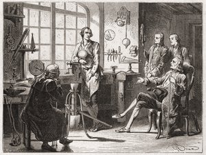 James Watt (inventeur de la machine à vapeur en 1769) dans son atelier de Glasgow - dans « Album de la Science; savants illustres; Grandes découvertes » 1896.