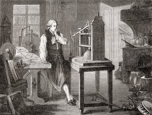James Watt dans son atelier de Glasgow améliorant la machine à vapeur de Thomas Newcomen de 1712 avec sa machine à vapeur Watt en 1781, de Les Merveilles de la Science, pub.1870.