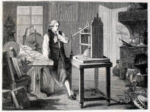 James Watt étudiant le perfectionnement de la machine de Newcomen (1767) - dans « Album de la Science ; savants illustres ; Grandes découvertes » 1896. - French School