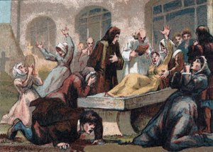 Jansénisme : les convulsionnaires du cimetière Saint-Médard sous Louis XV. Chromolithographie vers 1890