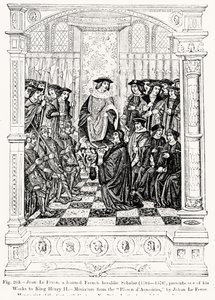 Jean le Feron (1504-70) présente une de ses œuvres au roi Henri II (1519-89) du Blason d