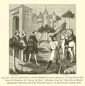 Jean de Mandeville, célèbre voyageur anglais, prenant congé du roi Édouard III avant son départ pour "au-delà des mers" - French School