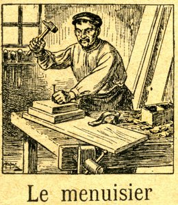 Menuisier plantant une pointe avec un marteau dans un assemblage de planches sur son établi. Gravure d