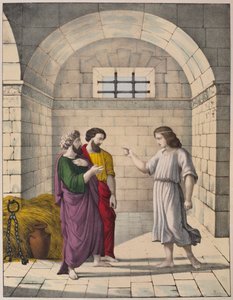 Joseph en prison expliquant les rêves du chef boulanger et du chef échanson, illustration du catéchisme L