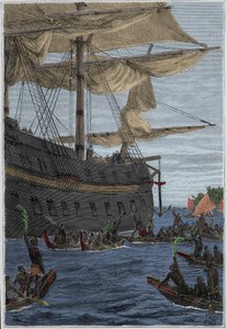 Voyage de Samuel Wallis (1728-1795) en Polynésie : indigènes tenant des branches de bananier à la main en guise de salut de bienvenue - illustration tirée de « Les grands marins du 18ème siècle » - French School