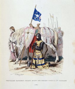 Chevalier banneret priant avant son départ pour la 2ème croisade - gravure