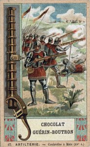 Chevalier manœuvrant une couleuvrine à main du 15ème siècle. Chromolithographie du 19ème siècle des chocolats Guérin-Boutron - French School
