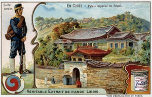 Corée : Palais impérial de Séoul et costume de soldat - chromo Liébig, v.1900 - French School