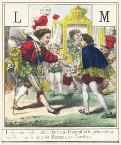 Le roi donne à Jeannot des habits dorés et le présente à sa fille sous le nom de Marquis de Carabas - French School