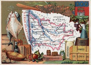 La Gironde (33), Aquitaine, France. Spécialité locale : poisson, anisette, vin de Bordeaux, prunes, bougies, cigares, bouchons et nourriture coloniale. Série sur les départements français. Chromolithographie « le fil géographique », vers 1920. Collection p