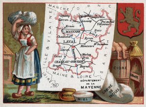La Mayenne (53), Pays de la Loire, France. Paysan, beurre, miel, graines de trèfle, cidre et eau-de-vie. Série sur les départements français. Chromolithographie « le fil géographique », vers 1920. Collection privée.