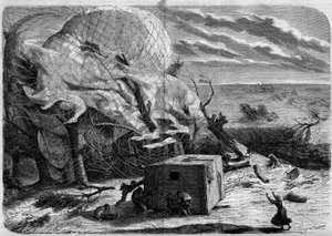 La chute du ballon "Le Géant" dans les plaines de Hanovre en 1863 avec à bord : Jules et Louis Godard, Félix Nadar, sa femme, Fernand Montgolfier et Thirion. Les aéronautes tentent de secourir Mme Nadar, prise sous la nacelle. Gravure dans "Le Monde Illust - French School