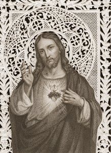 Carte en dentelle représentant le Sacré-Cœur de Jésus, 19ème siècle - French School
