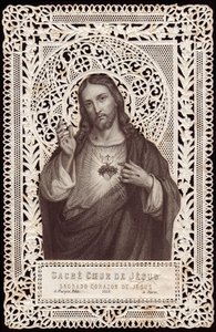 Carte en dentelle représentant le Sacré-Cœur de Jésus, 19ème siècle - French School
