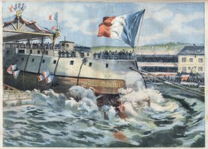 Lancement du cuirassé « République » à Brest, France. Gravure dans « Le Petit Parisien »