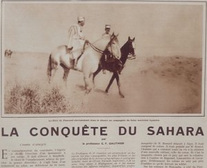 Le Père Charles de Foucauld (1858-1916) chevauchant dans le désert avec le futur maréchal Hubert Lyautey (1854-1934) - dans « Vu », décembre 1929 - French School