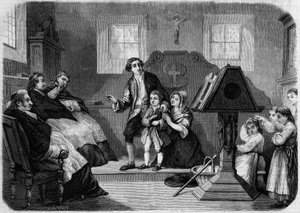 Le Salon de 1857 - Premier début de Lesueur, compositeur de musique, par Laurent Detouche. Jean François Lesueur (1760-1837), en tant que garçon de chœur. Gravure dans « Le Monde Illustré » n°22 du 12 septembre 1857.
