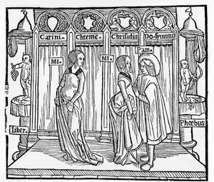Le théâtre au Moyen Âge: trois personnages sur scène - gravure par Térence de Jean Trechsel, éd. à Lyon