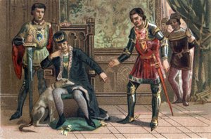 Ligue du Bien public : le roi Louis XI rencontre Charles le Téméraire à Péronne, duc de Bourgogne. Chromolithographie vers 1890 - French School