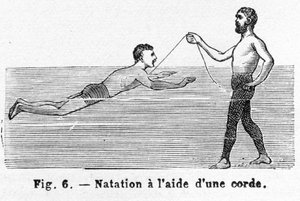 Apprendre à nager avec une corde, gravure - French School