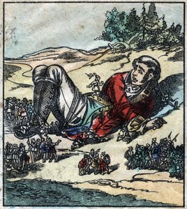 Lemuel Gulliver se réveille après son naufrage et est fait prisonnier par les Lilliputiens. Illustration pour « Les Voyages de Gulliver » de Jonathan Swift (1667-1745). Imagerie d