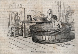 Les gestes du bain - Hygiène au 19ème siècle - bain dans un bol - gravure dans « La Santé Universelle - Guide Médical des Familles » 1852