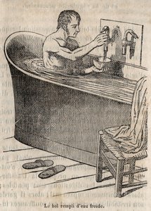 Les gestes du bain - Hygiène au 19ème siècle - homme dans une baignoire - gravure dans « La Santé Universelle - Guide Médical des Familles » 1852