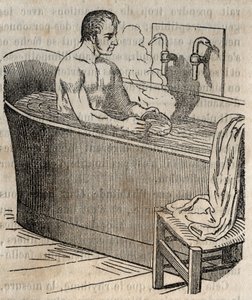Les gestes du bain - Hygiène au 19ème siècle - homme dans une baignoire - gravure dans « La Santé Universelle - Guide Médical des Familles » 1852