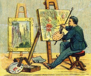 Lettre A : peintre dans son atelier. Gravure dans "ABC indéchirable sur toile vernie". A. Capendu, éditeur, Paris, fin du XIXe siècle. Librairie pour enfants illustrée. 8 pages. Dim : 21,5x18cm.