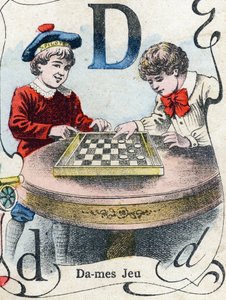 Lettre D : Jeu de dames. Gravure dans "ABC des jouets pour petits garçons". Imagerie de Pont-à-Mousson, Louis Vagne, imprimeur-éditeur, fin XIXe siècle.