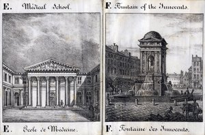 Lettre E et F: École de Médecine et la Fontaine des Innocents - "Alphabet Pittoresque des Monuments de Paris" vers 1840 (gravure)