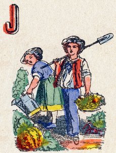 Lettre J : Jardiniers. Gravure dans "Alphabet des jeux". M. Vagne, éditeur, Pont-à-Mousson, fin XIXe siècle. Série rose. - French School