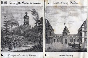 Lettre K Kiosque du Jardin des Plantes et L Palais du Luxembourg - "Alphabet Pittoresque des Monuments de Paris" vers 1840 (gravure) - French School