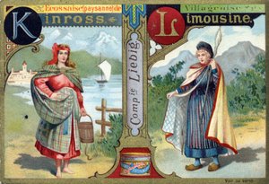 Lettre K : Écossaise de Kinross et L comme Villageoise limousine. Alphabet des femmes. Série de 12 images. Publicité Liebig