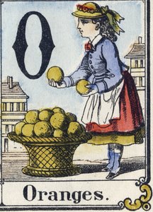 Lettre O : Oranges. Alphabet récréatif. Imagerie d
