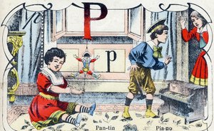 Lettre P : Pantin Piano. Gravure dans "ABC des jouets pour petits garçons". Imagerie de Pont-à-Mousson, Louis Vagne, imprimeur-éditeur, fin XIXe siècle.