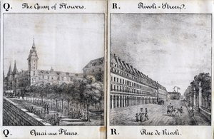 Lettre Q et A : Le quai aux fleurs et la rue de Rivoli - "Alphabet Pittoresque des Monuments de Paris" vers 1840 (gravure) - French School