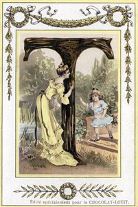 Lettre T représentant une mère et sa fille jouant à cache-cache, fin 19e siècle (chromolithographie) - French School