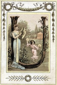 Lettre représentant une mère jouant de la lyre et sa fille dansant avec un tambourin, fin 19e siècle (chromolithographie) - French School