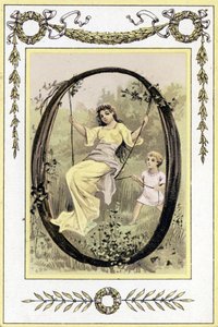 Lettre représentant une mère se balançant avec son fils, fin du XIXe siècle (chromolithographie) - French School