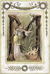 Lettre représentant une mère égyptienne trouvant un enfant abandonné (Moïse sauvé des eaux), fin 19e siècle (chromolithographie) - French School