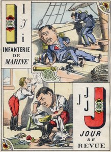 Lettres I et J : Infanterie de marine et Jour de revue. Gravure dans « Alphabet militaire comique ». Cinquième série. Imagerie d